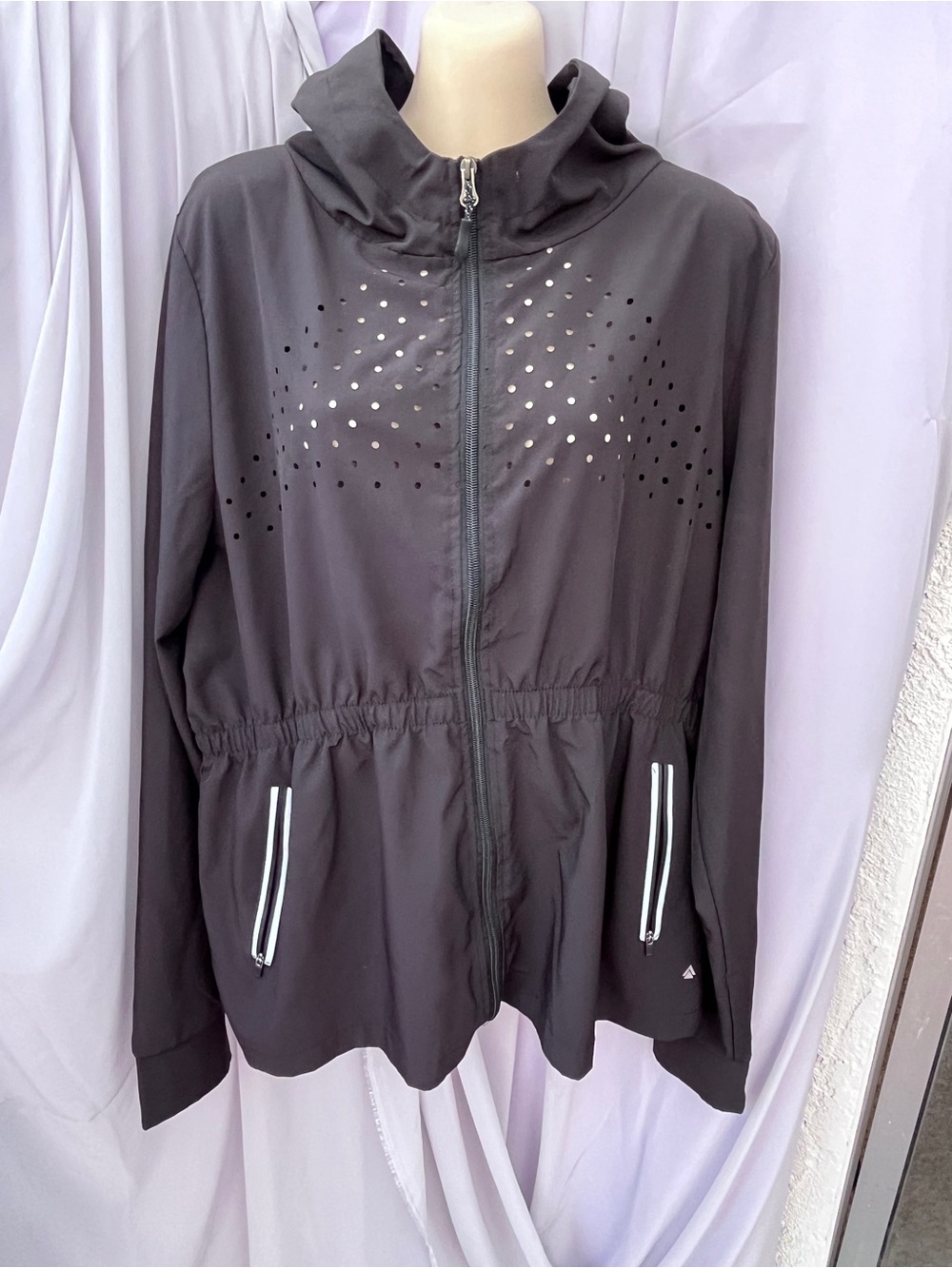 Women’s Black Perforated Bomber Jacket with Hood